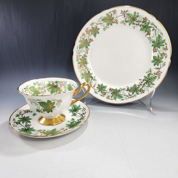 Shelley China Trio Gold Grape Vine #13616C Green Lunch Plate Tea Cup Saucer Set - Picture 6 of 10